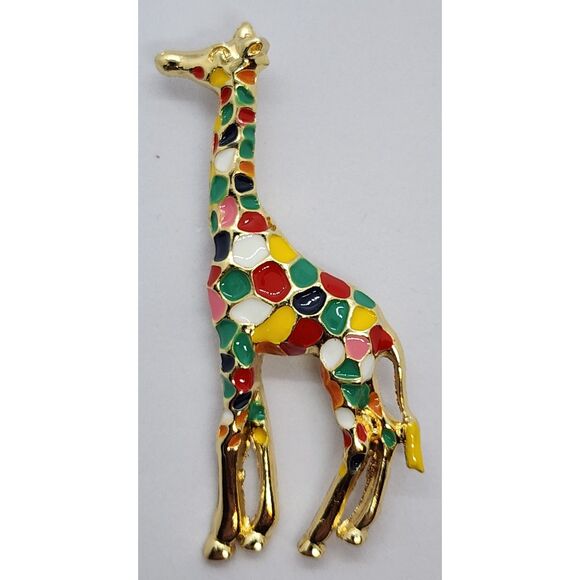 Giraffe Brooch Colorful Spotted Enamel on Gold Tone Metal Jungle Animal - Picture 3 of 4